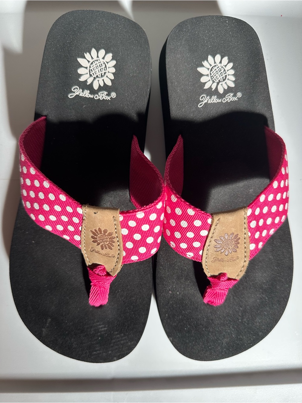 Yellow Box Pink Polka Dot Flip Flop Sandals with Tan Accents